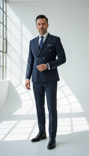 Çizgili Kruvaze Erkek Takım Elbise – Şık ve Rahat İtalyan Kesim, Belden Oturtmalı, Top Düğmeli ürün görseli
