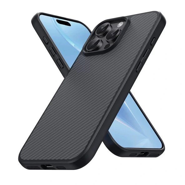 iPhone 16 Pro Max Kılıf M-safe Şarj Özellikli Karbon Fiber Tasarımlı Elnino Kapak - Resim 3