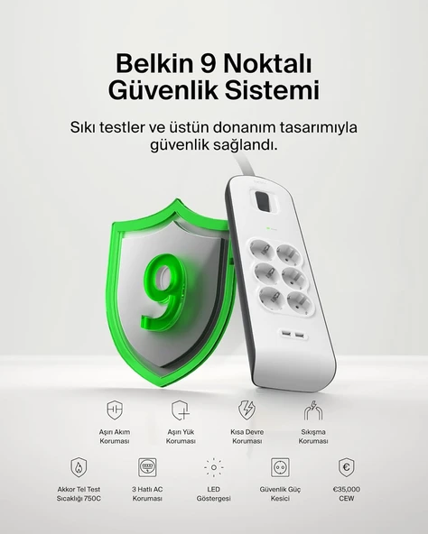 BELKIN BSV604 2 METRE 6LI USBA AKIM KOR. PRIZ - 3