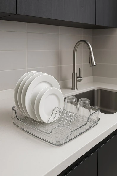 Şeffaf Akrilik Tabaklık Bulaşıklık Düzenleyici 2 Parça 37x38x7 cm - Resim 3