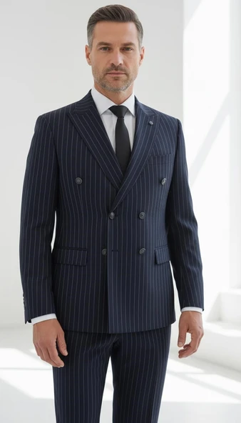 Çizgili Kruvaze Erkek Takım Elbise – Şık ve Rahat İtalyan Kesim, Belden Oturtmalı, Top Düğmeli - Resim 7