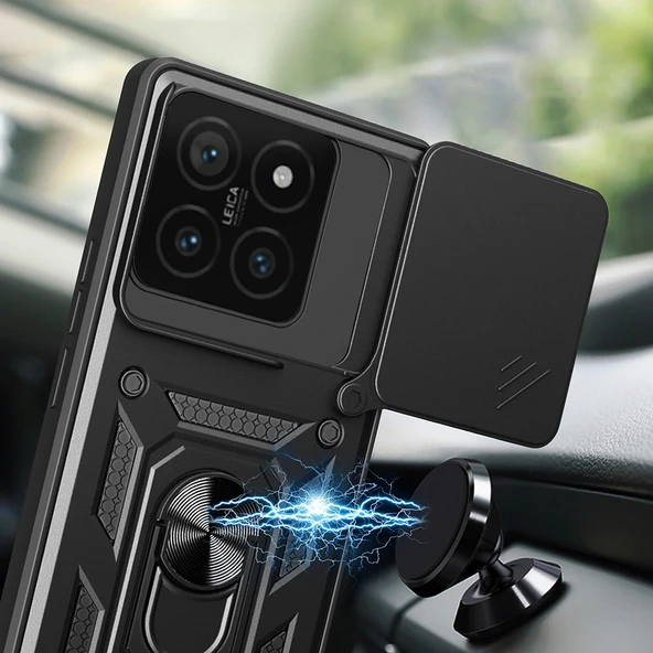 Xiaomi 14T Pro Kılıf Magnetik Standlı Kamera Korumalı Sürgülü Vega Kapak - Resim 4