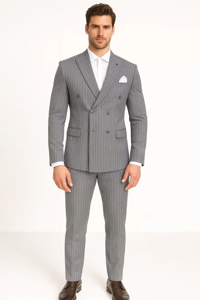 Çizgili Kruvaze Erkek Takım Elbise – Şık ve Rahat İtalyan Kesim, Belden Oturtmalı, Top Düğmeli - Resim 10