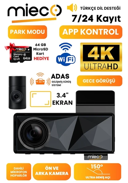 Mieco A11 Wifi/ 4k Uhd/ 150 Ultra Geniş Açı/ Adas/ Araç Kamerası
