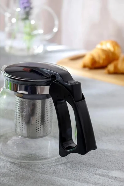 Cam Demlik 900 ml Borosilikat Çaydanlık Siyah Kapaklı - Resim 3