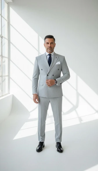 Çizgili Kruvaze Erkek Takım Elbise – Şık ve Rahat İtalyan Kesim, Belden Oturtmalı, Top Düğmeli - Resim 2