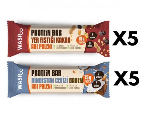 WaspCo Sporcu Protein Bar 50 gr 10 Adet Yer Fıstığı & Kakao ve Hindistan Cevizi