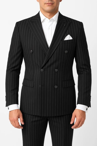 Çizgili Kruvaze Erkek Takım Elbise – Şık ve Rahat İtalyan Kesim, Belden Oturtmalı, Top Düğmeli - Resim 8