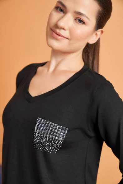 Pjs Kadın V Yaka Likralı Viskon Kumaş Uzun Kollu Eşofman Takım - 3