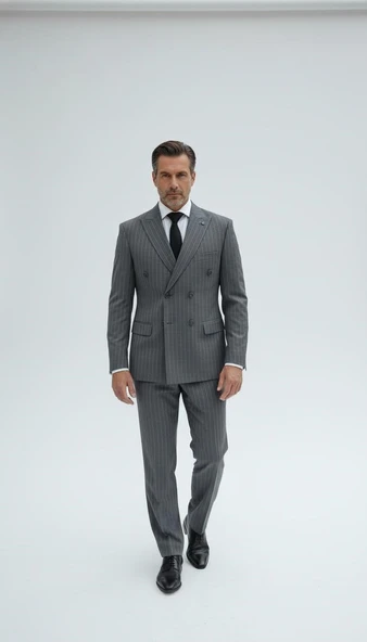 Çizgili Kruvaze Erkek Takım Elbise – Şık ve Rahat İtalyan Kesim, Belden Oturtmalı, Top Düğmeli - Resim 9