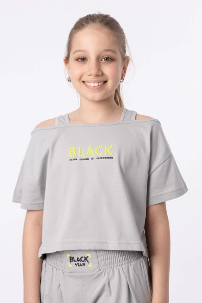 Organik Pamuklu Baskılı Yüksek Bel Boksör Kemerli Açık Omuzlu Crop Kesim T-shırt Short Takımı - Resim 3