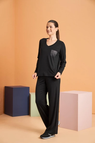 Pjs Kadın V Yaka Likralı Viskon Kumaş Uzun Kollu Eşofman Takım - 2