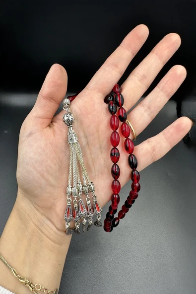 Kırmızı Siyah Arpa Kesim Ateş Kehribar Tespih - Resim 2