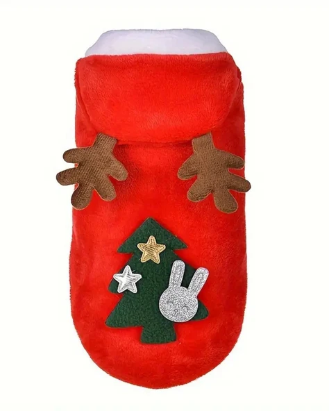 Noel Baba Geyiği Köpek Kostümü – Küçük Irk Evcil Hayvanlar İçin Polyester Kapüşonlu Çıtçıtlı Fleece Tatil Kıyafeti - Resim 4