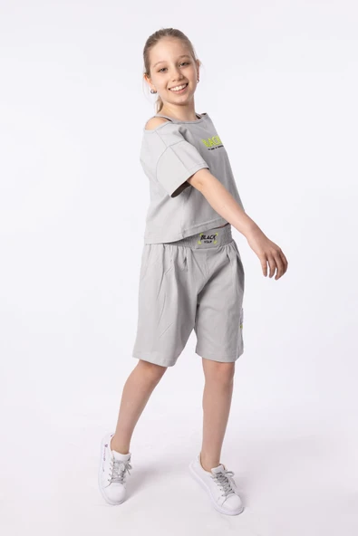 Organik Pamuklu Baskılı Yüksek Bel Boksör Kemerli Açık Omuzlu Crop Kesim T-shırt Short Takımı - Resim 2