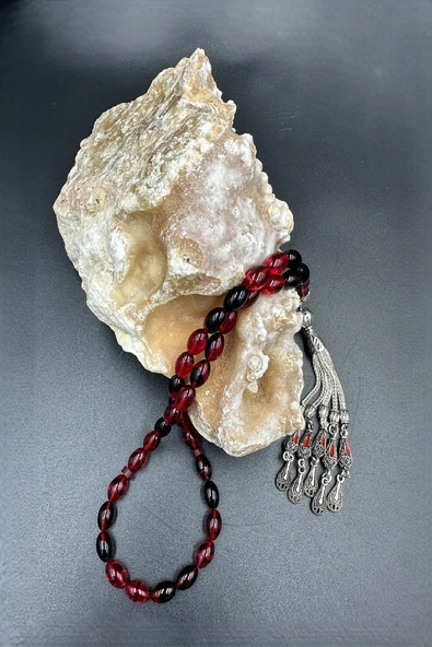 Kırmızı Siyah Arpa Kesim Ateş Kehribar Tespih - Resim 5