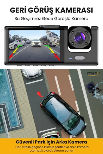 Mieco 1s Wifi / App /1920p Fhd/ 170° Ultra Geniş Açı/gece Görüş/ G-sensörü 3 Kameralı Araç Kamerası(2025) - 3
