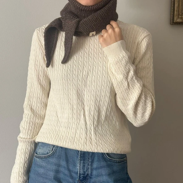 Pofuduk Sophie Örgü Eşarp Fular Şal PFDKF2 Kahverengi - Resim 8