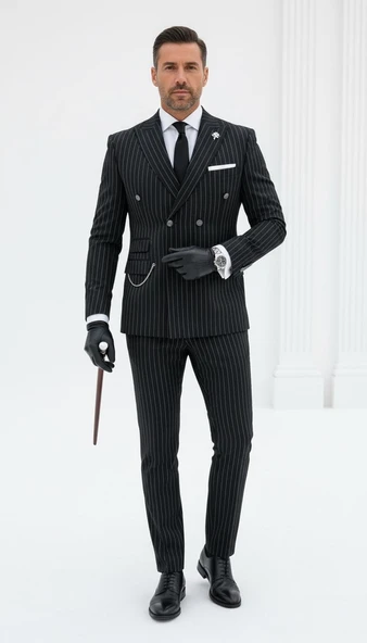 Çizgili Kruvaze Erkek Takım Elbise – Şık ve Rahat İtalyan Kesim, Belden Oturtmalı, Top Düğmeli - Resim 4