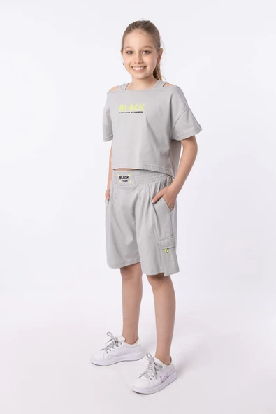 Organik Pamuklu Baskılı Yüksek Bel Boksör Kemerli Açık Omuzlu Crop Kesim T-shırt Short Takımı ürün görseli 1