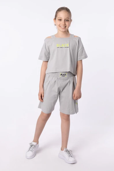 Organik Pamuklu Baskılı Yüksek Bel Boksör Kemerli Açık Omuzlu Crop Kesim T-shırt Short Takımı - Resim 4