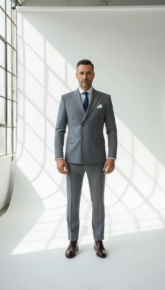 Çizgili Kruvaze Erkek Takım Elbise – Şık ve Rahat İtalyan Kesim, Belden Oturtmalı, Top Düğmeli - Resim 6