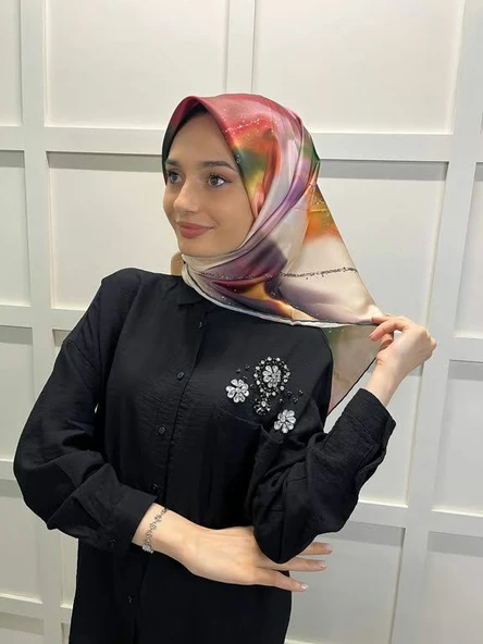Harem Scarf Dalga Desen Dijital Baskı Tivil Eşarp 00821 ZÜMRÜT - Resim 3