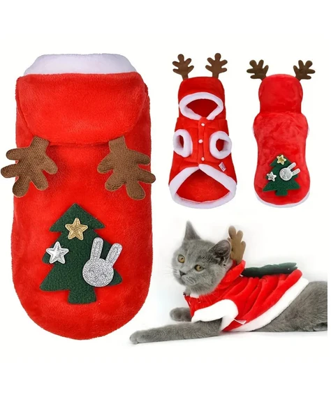 Noel Baba Geyiği Köpek Kostümü – Küçük Irk Evcil Hayvanlar İçin Polyester Kapüşonlu Çıtçıtlı Fleece Tatil Kıyafeti - Resim 3