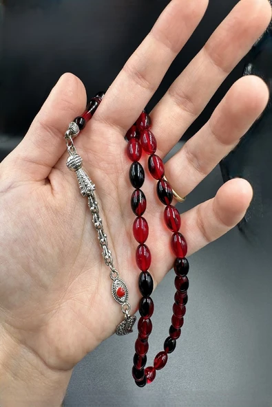 Siyah Kırmızı Ateş Kehribar Tespih - Resim 4