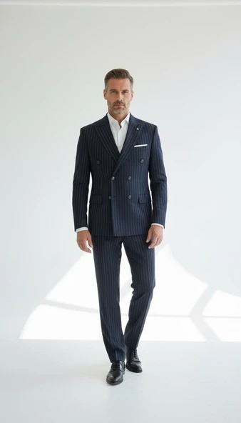 Çizgili Kruvaze Erkek Takım Elbise – Şık ve Rahat İtalyan Kesim, Belden Oturtmalı, Top Düğmeli - Resim 3