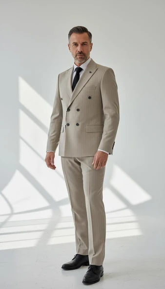 Çizgili Kruvaze Erkek Takım Elbise – Şık ve Rahat İtalyan Kesim, Belden Oturtmalı, Top Düğmeli - Resim 5