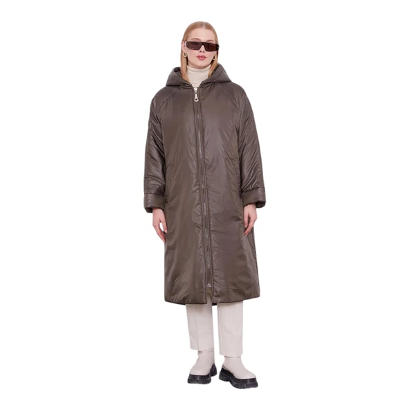 Haki Kolları Ribana Detaylı Uzun Mont