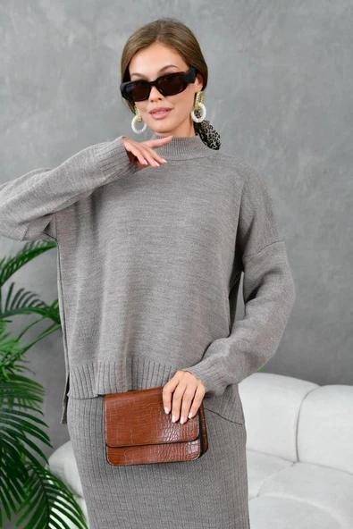 IŞŞIL 10270-Balıkçı Yaka OverSize Triko Etekli Takım - 3