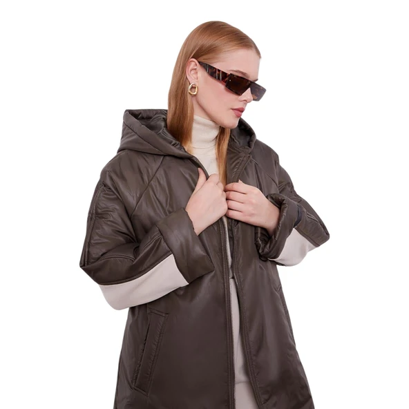 Haki Kolları Ribana Detaylı Uzun Mont - 5