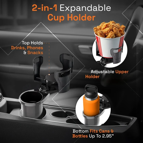 2’si 1 Arada Ayarlanabilir Araç Bardak Tutucu, Genişleyebilir Üst Kısım 3”-6.2”, Şişe Adaptörü, Araba Organizatörü, Daya - 4