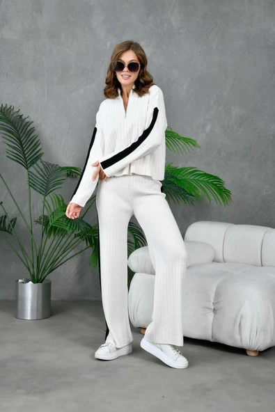 IŞŞIL 10858-Fermuarlı Yaka OverSize Pantolonlu Triko Takım