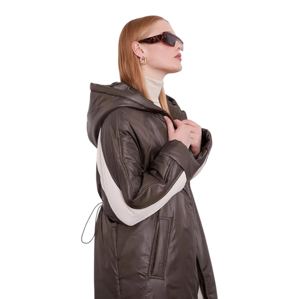 Haki Kolları Ribana Detaylı Uzun Mont - 6