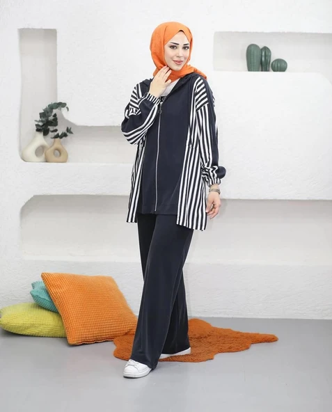 IŞŞIL 70081-Çizgi Kombin Esnek Penye Pantolonlu Takım - 3