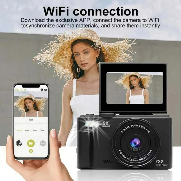 Ozmik 5K Dijital Kamera 75MP HD Retro Otomatik Odaklama Anti Shake 18x Zoom 64GB SD KART HEDİYE Beyaz - 6