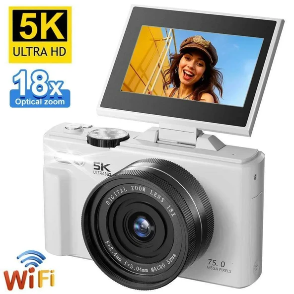 Ozmik 5K Dijital Kamera 75MP HD Retro Otomatik Odaklama Anti Shake 18x Zoom 64GB SD KART HEDİYE Beyaz