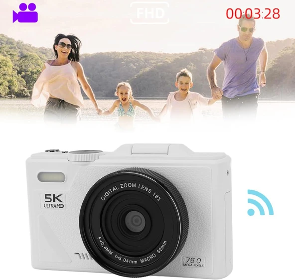 Ozmik 5K Dijital Kamera 75MP HD Retro Otomatik Odaklama Anti Shake 18x Zoom 64GB SD KART HEDİYE Beyaz - 2