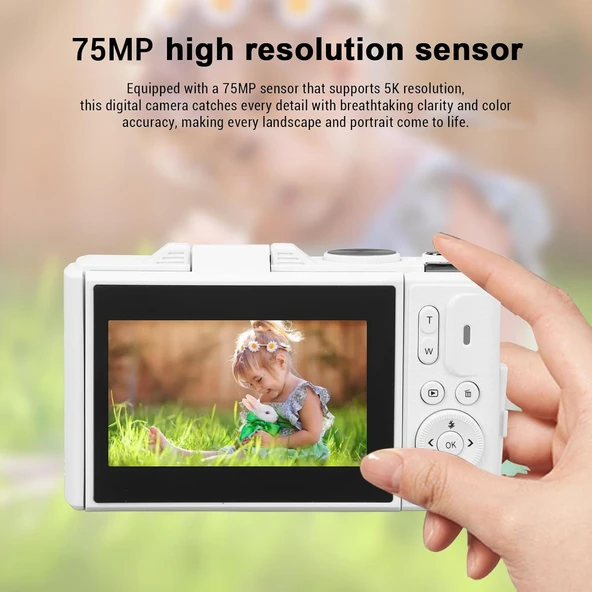 Ozmik 5K Dijital Kamera 75MP HD Retro Otomatik Odaklama Anti Shake 18x Zoom 64GB SD KART HEDİYE Beyaz - 3