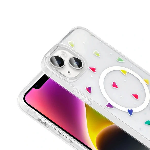 iPhone 15 Plus Kılıf M-Safe Şarj Özellikli Şeffaf Folk Sert Kapak - Resim 10