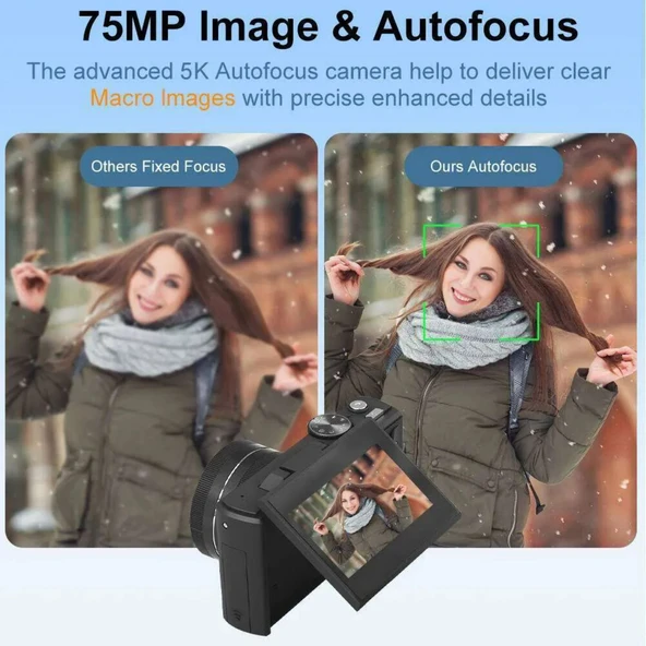 Ozmik 5K Dijital Kamera 75MP HD Retro Otomatik Odaklama Anti Shake 18x Zoom 64GB SD KART HEDİYE Siyah - 5