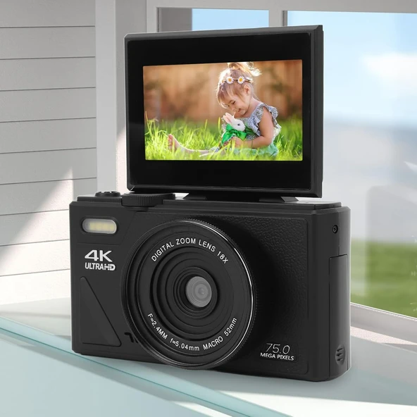 Ozmik 5K Dijital Kamera 75MP HD Retro Otomatik Odaklama Anti Shake 18x Zoom 64GB SD KART HEDİYE Siyah