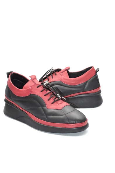 Kadın Siyah-Bordo Hakiki Deri Anatomik  Akıllı Bağcıklu Günlük Ayakkabı - 5