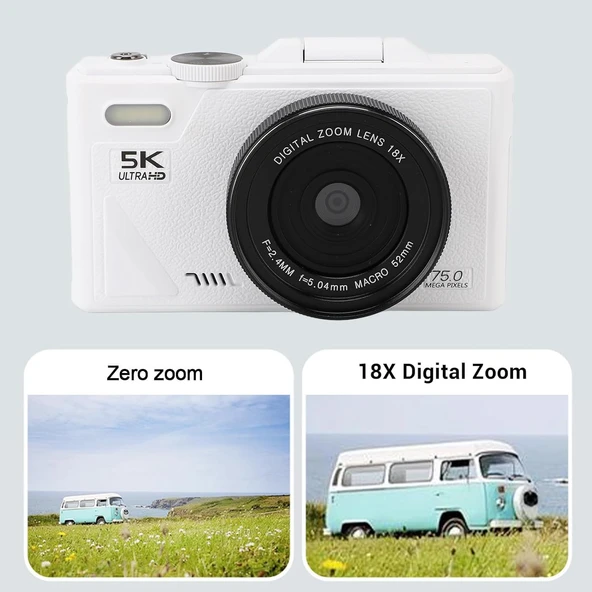 Ozmik 5K Dijital Kamera 75MP HD Retro Otomatik Odaklama Anti Shake 18x Zoom 64GB SD KART HEDİYE Beyaz - 4