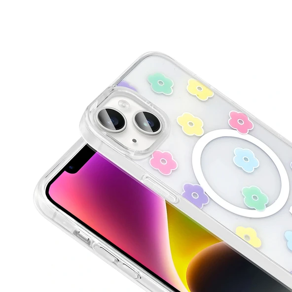 iPhone 15 Plus Kılıf M-Safe Şarj Özellikli Şeffaf Folk Sert Kapak - Resim 7