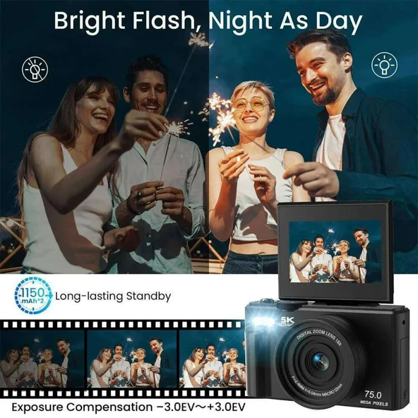 Ozmik 5K Dijital Kamera 75MP HD Retro Otomatik Odaklama Anti Shake 18x Zoom 64GB SD KART HEDİYE Beyaz - 8
