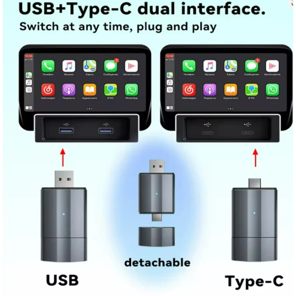 Ozmik  CarPlay Type-C/USB Kablosuz Android Otomatik Akıllı Dongle 2'si 1 Arada Adaptör 5.8Ghz WiFi - Resim 3